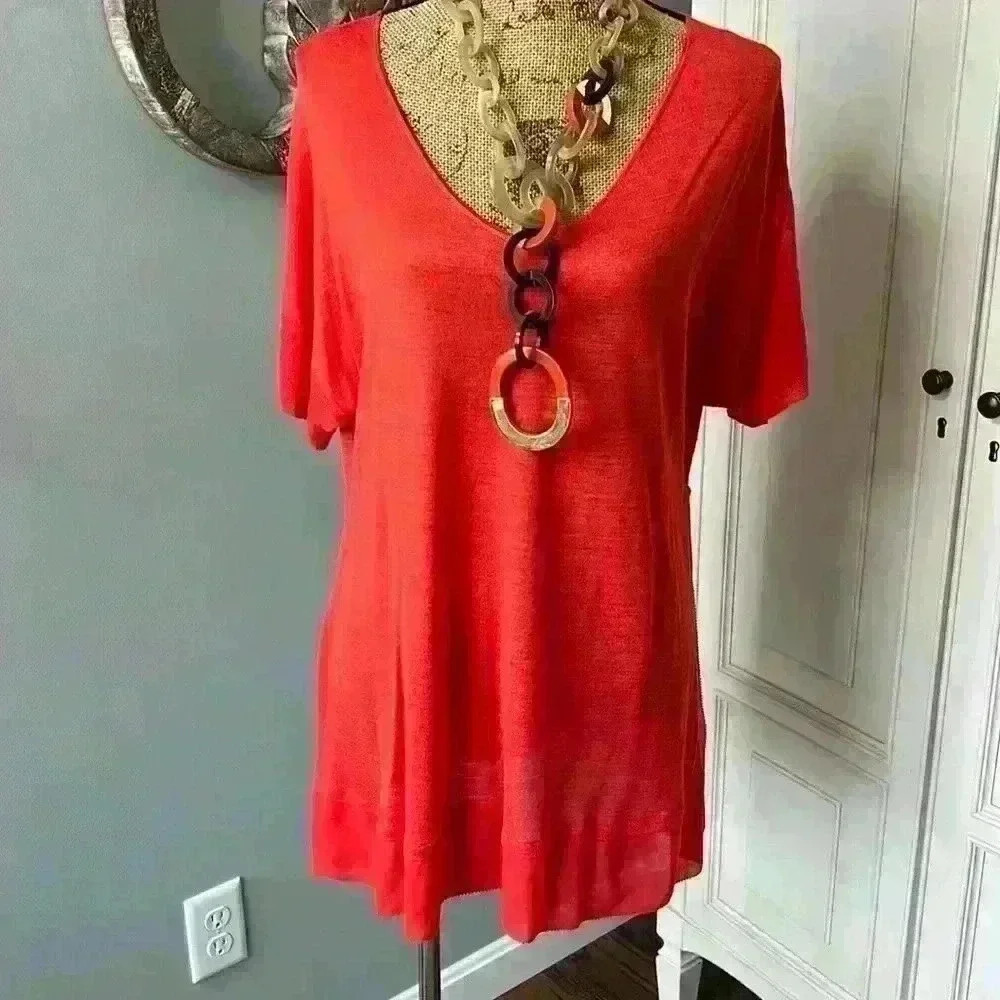 Eileen Fisher Tunic Length V-Neck Sheer Sweater, Size Large, NWOT